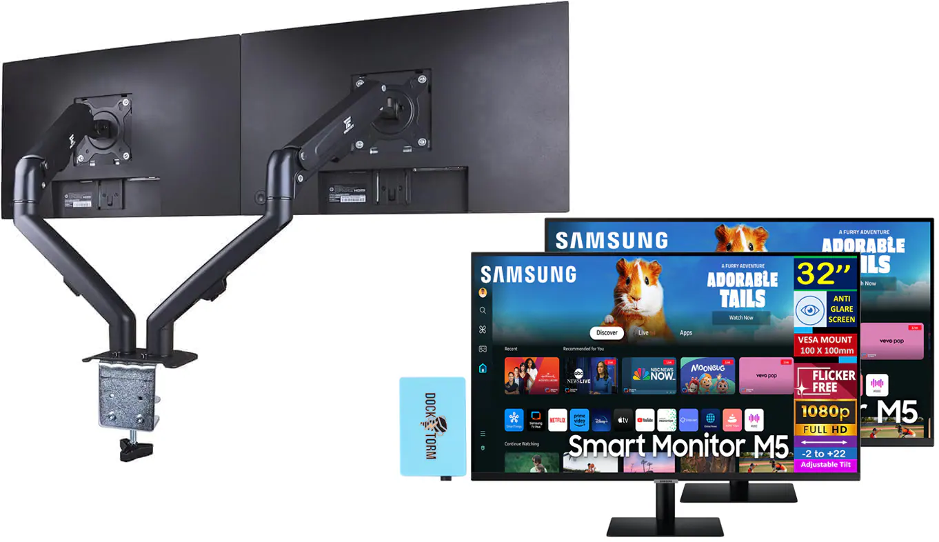 Samsung - Smart M5 (M50D) FHD VA Monitor, Flicker Free, (LS32DM500ENXGO) 2 Pack w/DKZ Hub & Ergoflexy Dual Mount Arm - Black