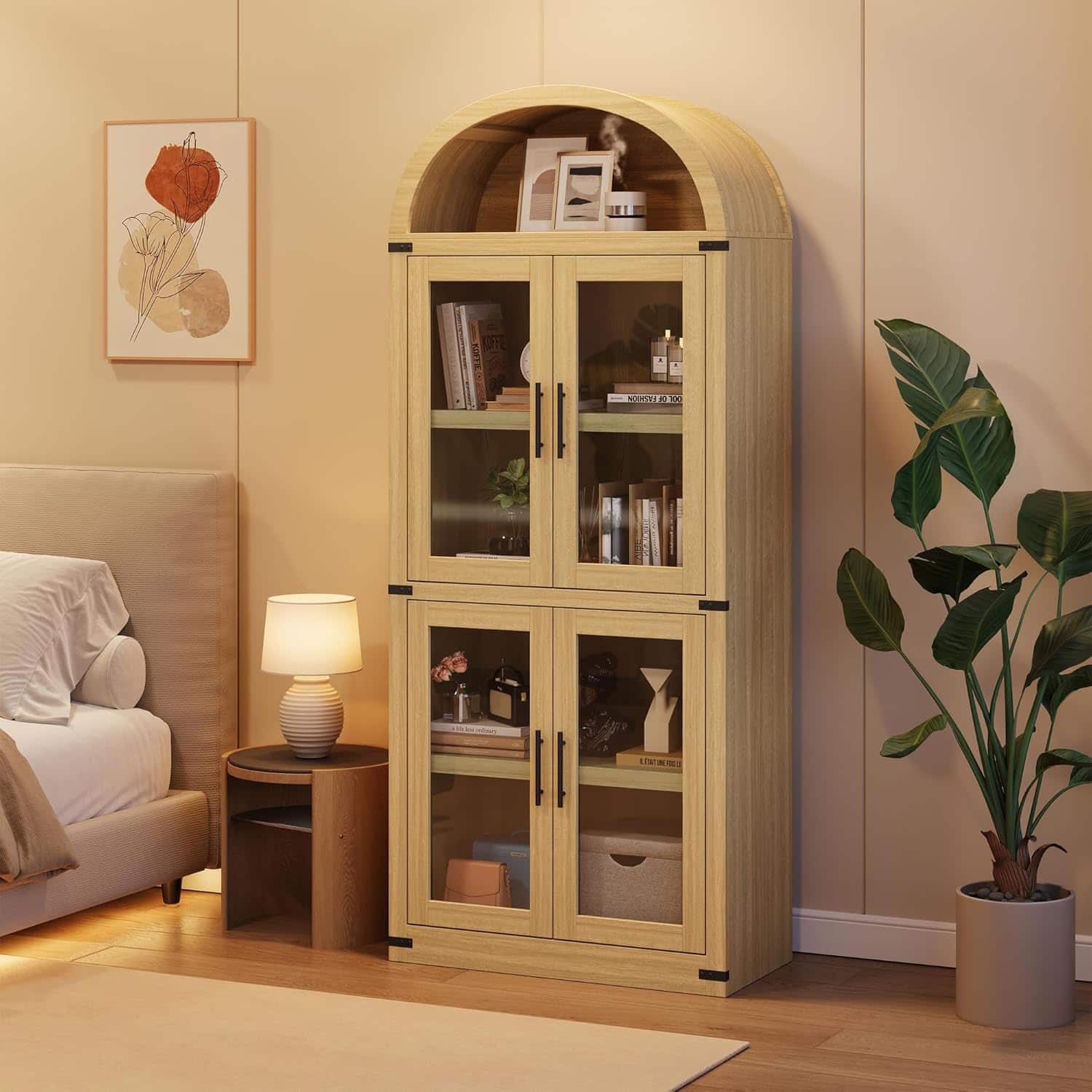 Homhougo - Arched 6-Shelf Bookcase with Glass Doors, Modern Wooden Display Cabinet for Storage - Natural