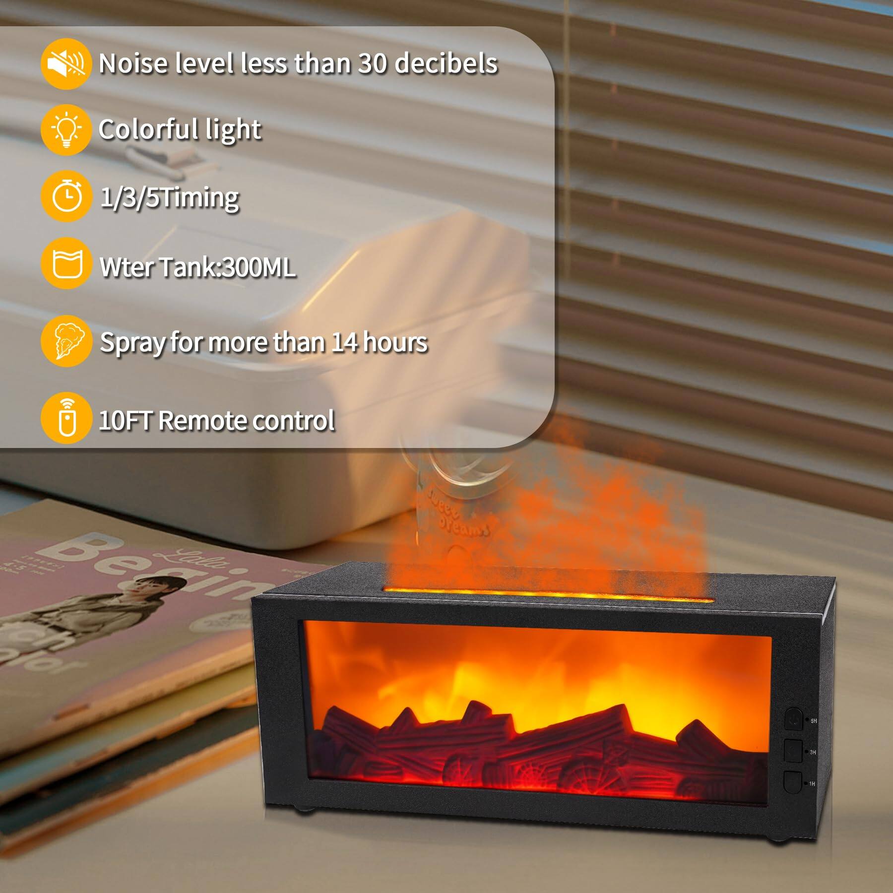 - Noise level less than 30 decibels
- Colorful light
- 1/3/5 Timing
- Water Tank: 300ML
- Spray for more than 14 hours
- 10FT Remote control