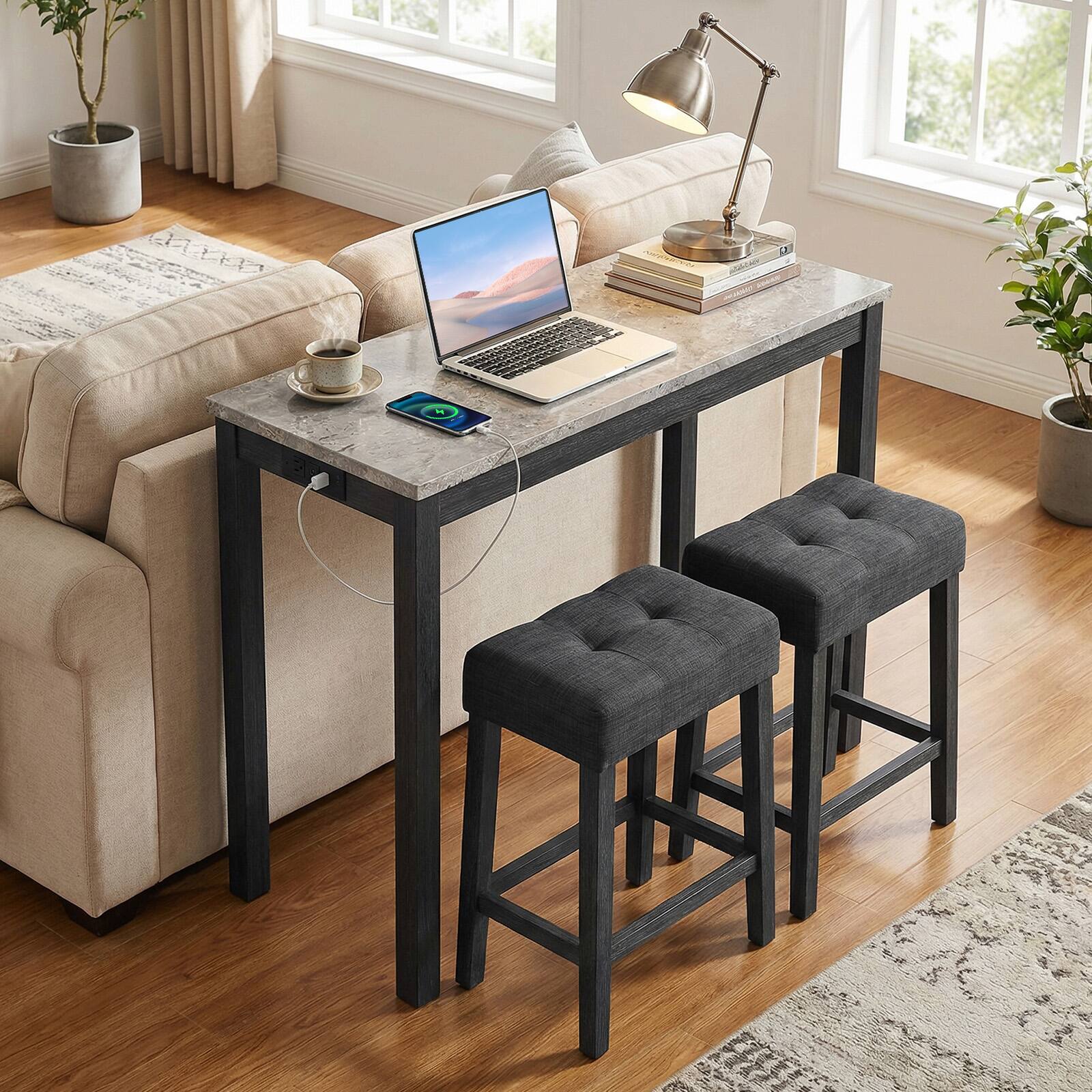 Alt View 3. Gymax - Gymax 3 PCS Bar Table Set w/ Charging Station Modern Counter Height Breakfast Table Gray - Gray.