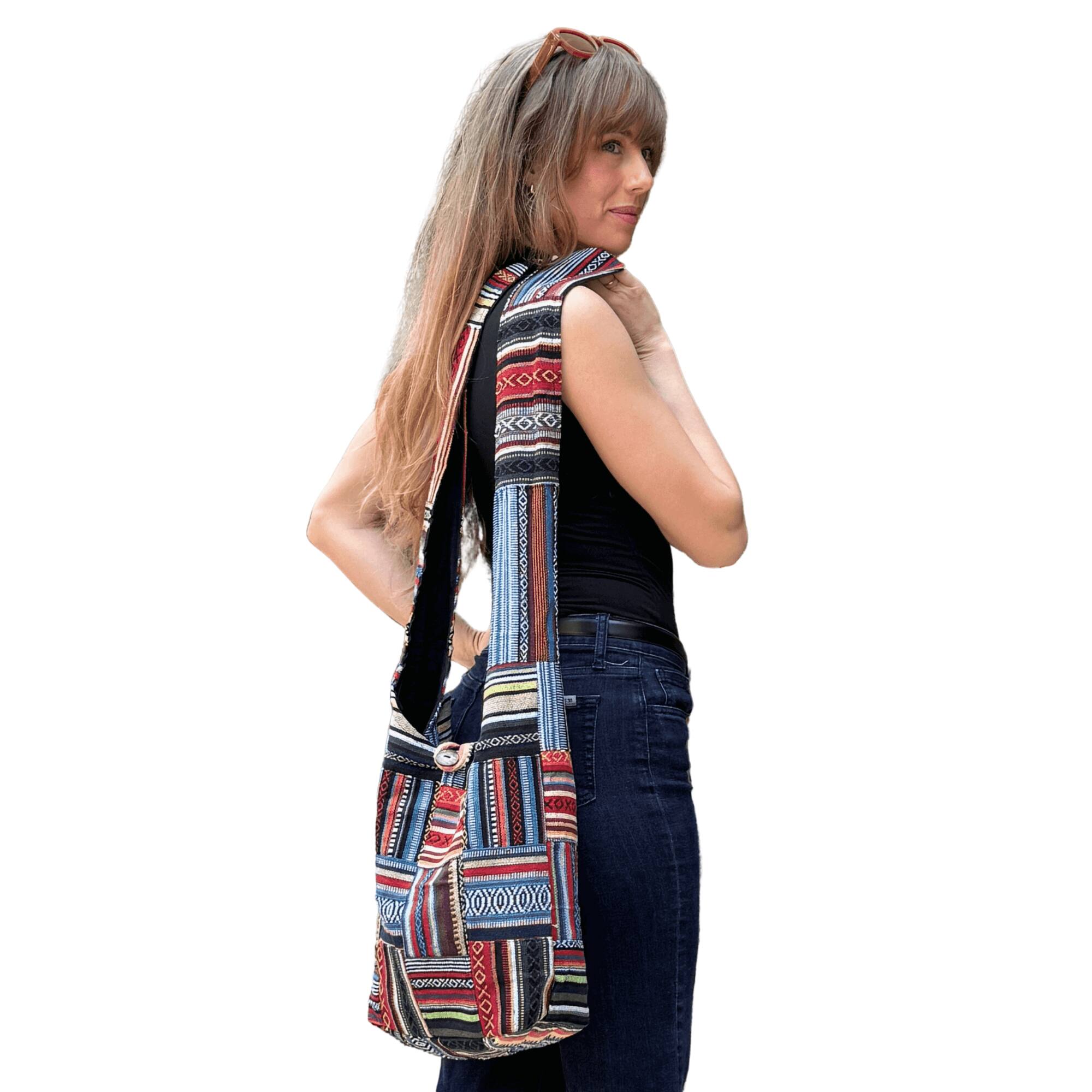 Alt View 3. Kathmandu Collection - Patchwork Striped Hobo Bag - Patchwork Striped.