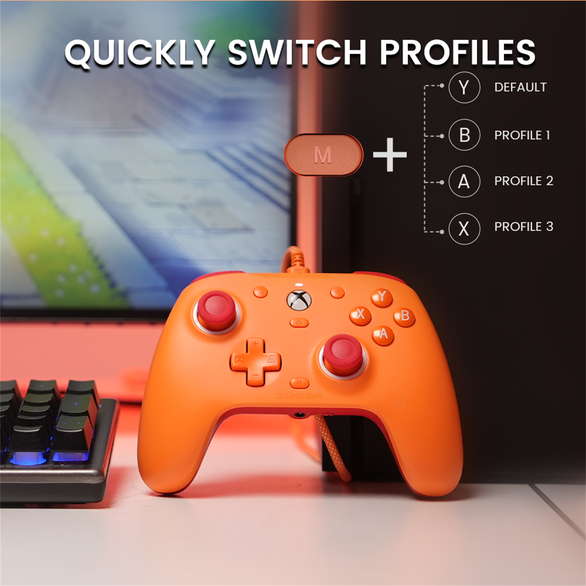 Quickly switch profiles: Y + Default, M + A, Profile 1, Profile 2, Profile 3.