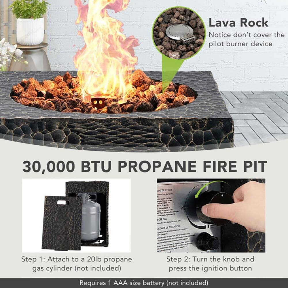 Lava Rock  
Notice don't cover the pilot burner device

30,000 BTU PROPANE FIRE PIT

Step 1: Attach to a 20lb propane gas cylinder (not included)

Step 2: Turn the knob and press the ignition button

Requires 1 AAA size battery (not included)