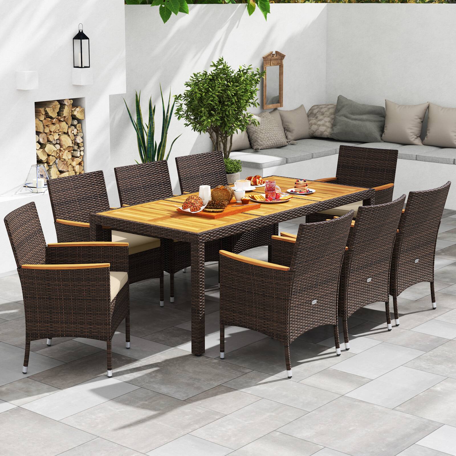 Alt View 1. Gymax - Gymax 9 Pieces Patio PE Wicker Dining Set Outdoor Acacia Wood Table & Chairs - Brown, Beige.