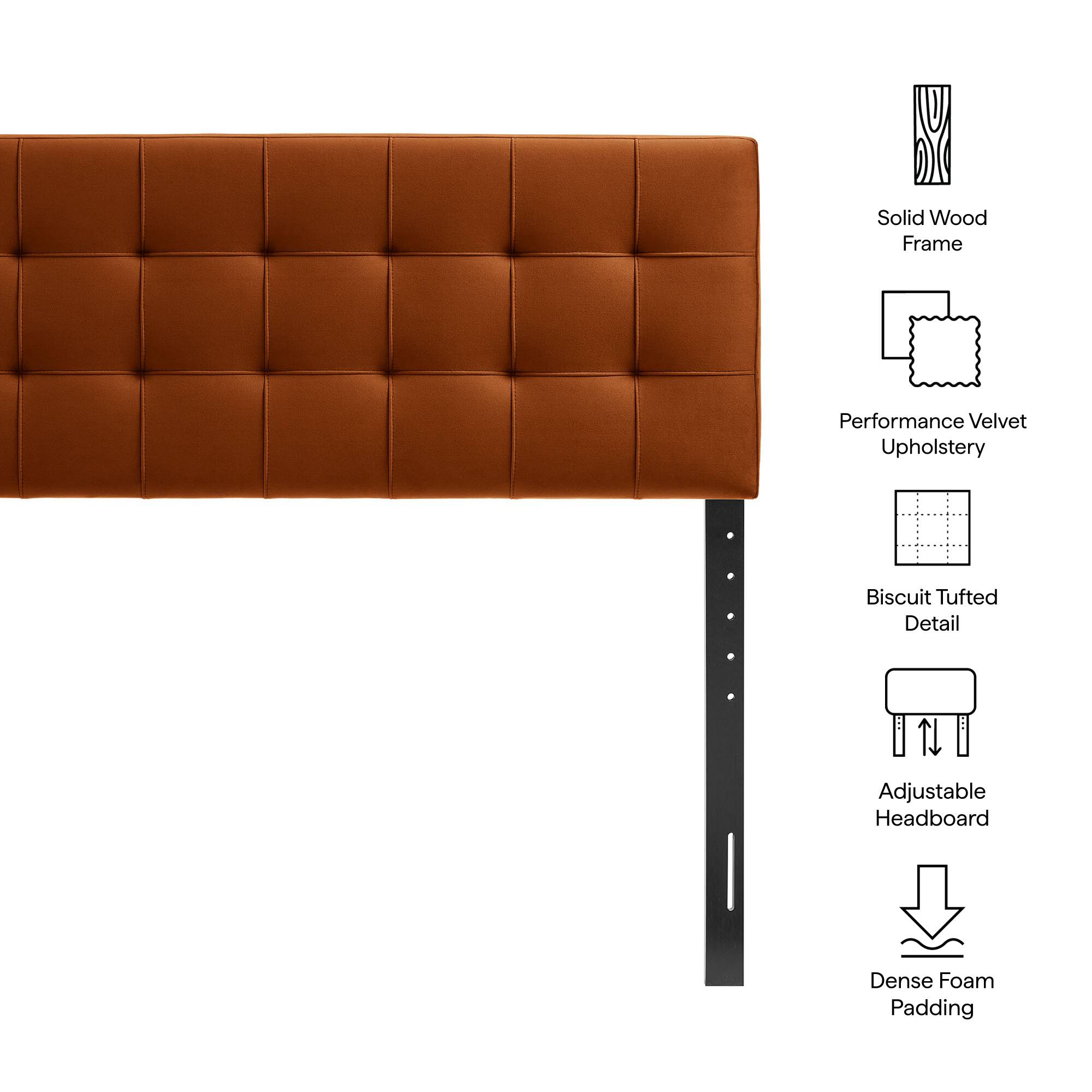 Solid Wood Frame  
Performance Velvet Upholstery  
Biscuit Tufted Detail  
Adjustable Headboard  
Dense Foam Padding