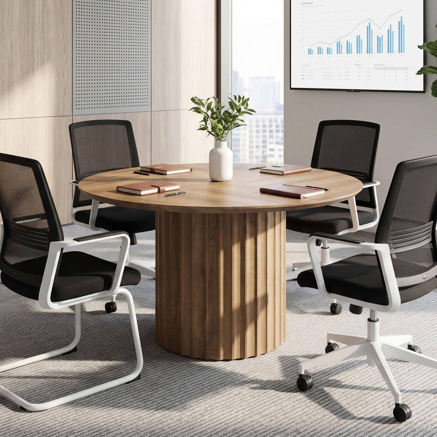 Back. Tribesigns - 47-Inch Round Conference Table for 4-6 People, Modern Rustic Round Office Table with Sturdy Base, Wood Meeting Room Use - Rustic Brown.