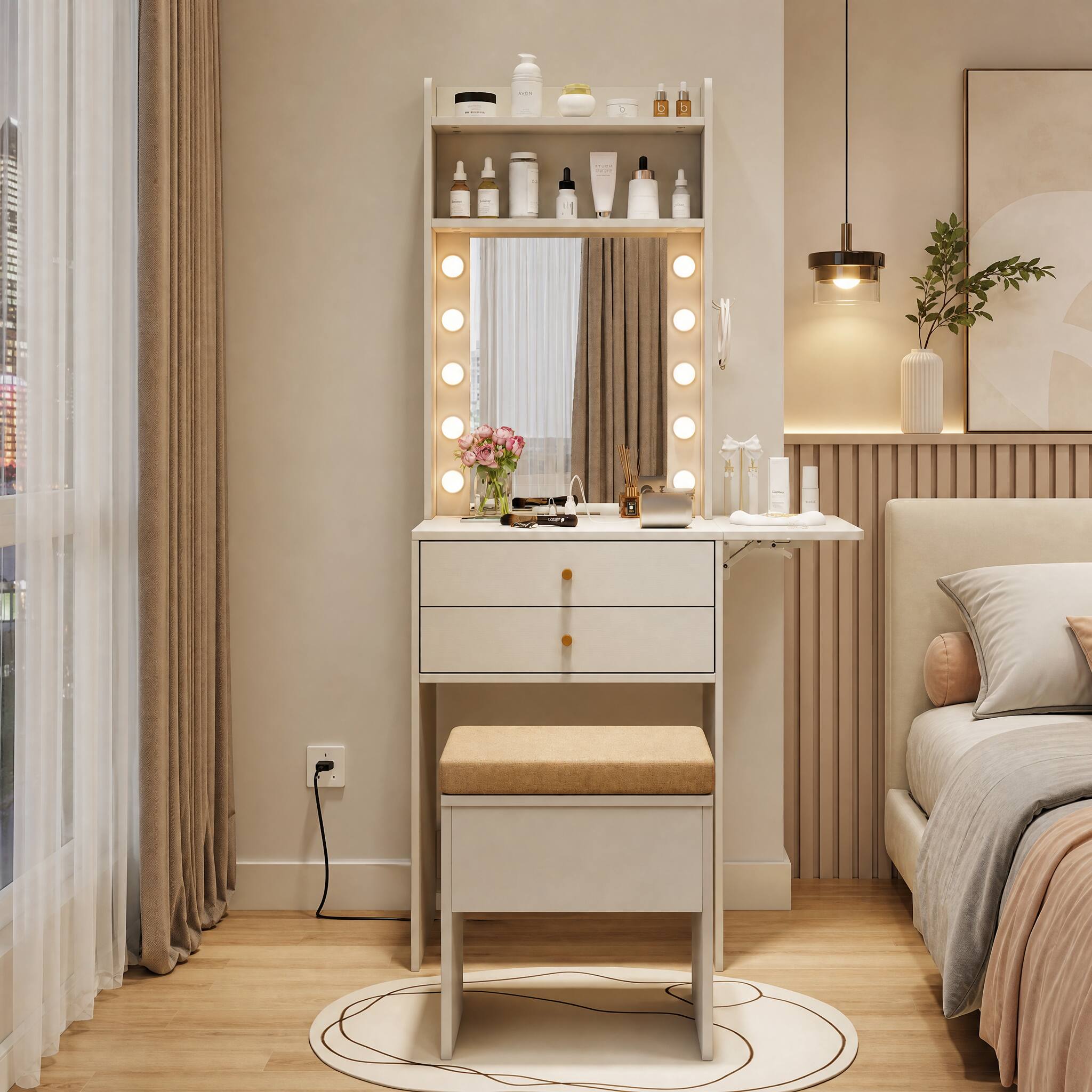 Angle. WELLFOR - Compact Makeup Vanity Desk Set with 3‑Color Lighted Hollywood Mirror, Charging Station,Storage Drawers & Stool - White.