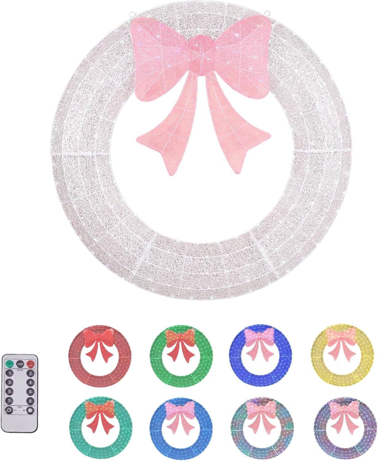 Alt View 1. Winado - 60in Larger Pre-Lit Outdoor Christmas Wreath, LED Metal Holiday Decor w/ 400 Lights, Bow - Silver/Pink.