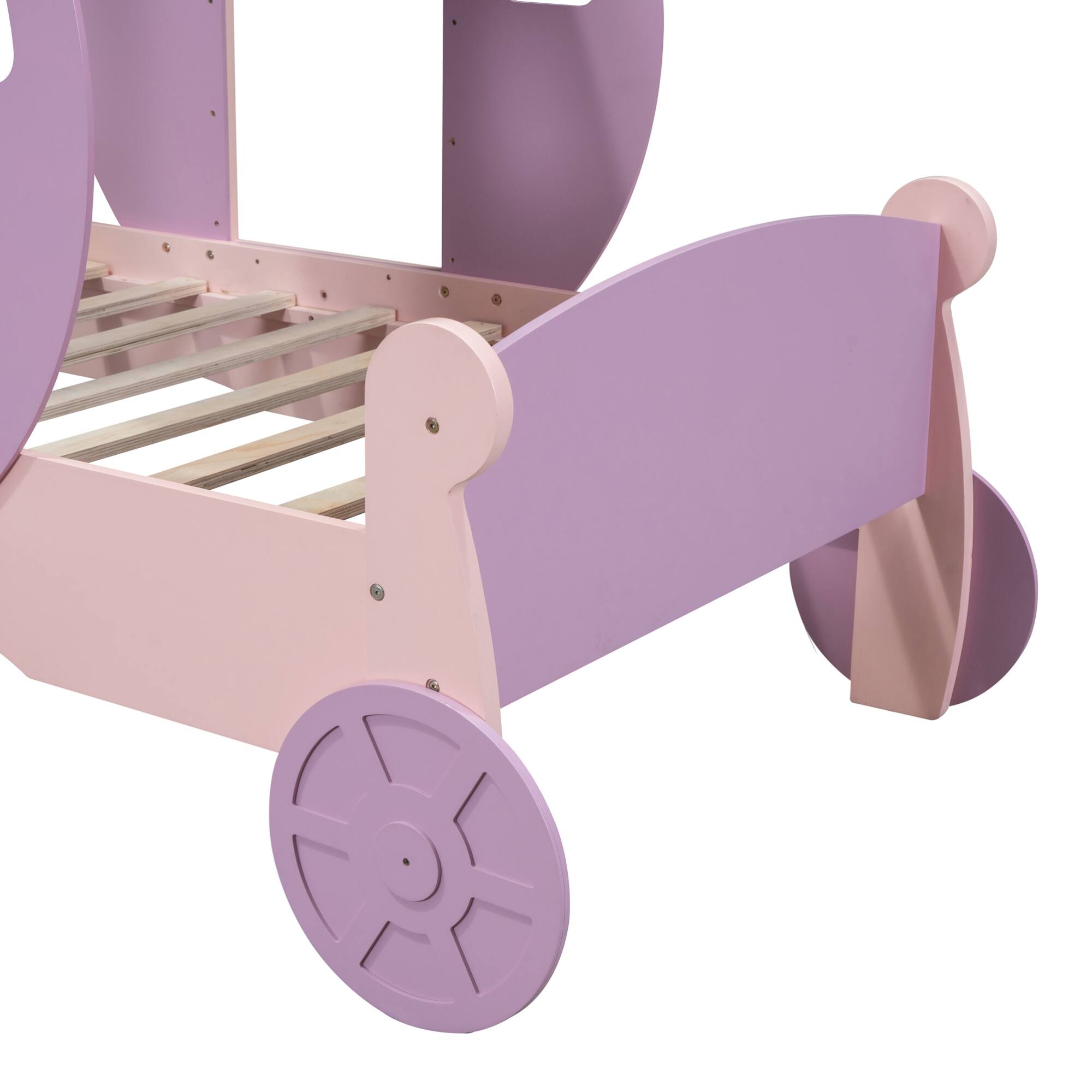 Alt View 4. GOODSILO - Twin Size Princess Carriage Bed with Crown and Wood Platform Design Including Staircase - Pink.