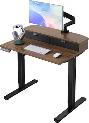 Front. HUANUO - Height Adjustable Electric Standing Desk, 32"×21" with 4 Presets, Drawers & Hooks, C-Clamp Compatible - Walnut.