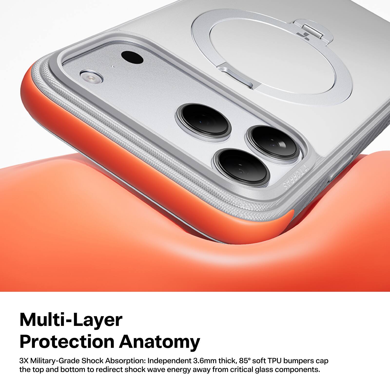 Multi-Layer Protection Anatomy

3X Military-Grade Shock Absorption: Independent 3.6mm thick, 85° soft TPU bumpers cap the top and bottom to redirect shock wave energy away from critical glass components.