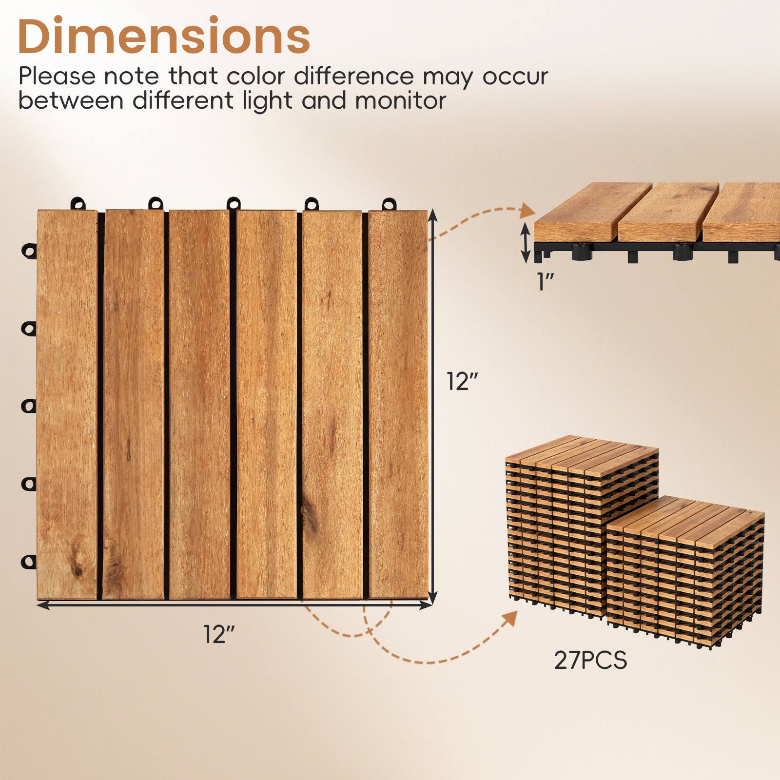 Dimensions  
Please note that color difference may occur between different light and monitor  
1" x 12" x 12"  
27PCS