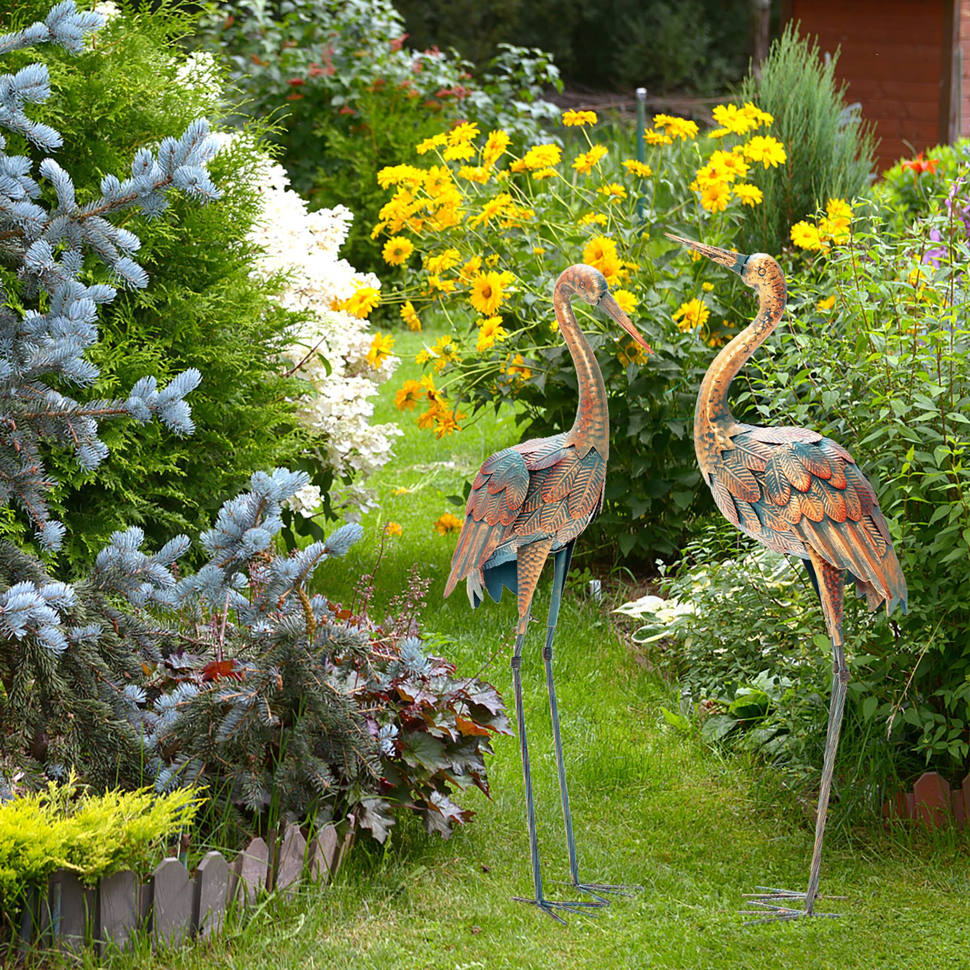 Alt View 3. Costway - 2-Piece Metal Crane Garden Statue Sculpture Set Outdoor Yard Lawn Decoration - Gradient Colored.