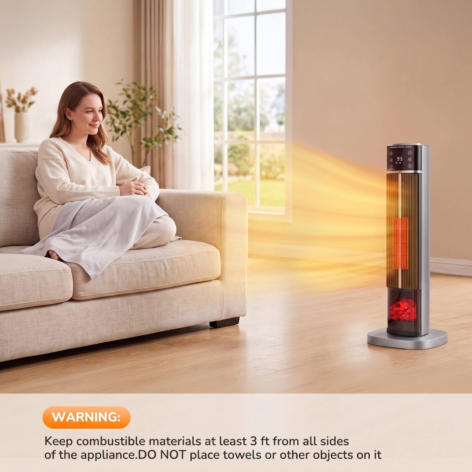 - -
95
WARNING:
Keep combustible materials at least 3 ft from all sides of the appliance. DO NOT place towels or other objects on it