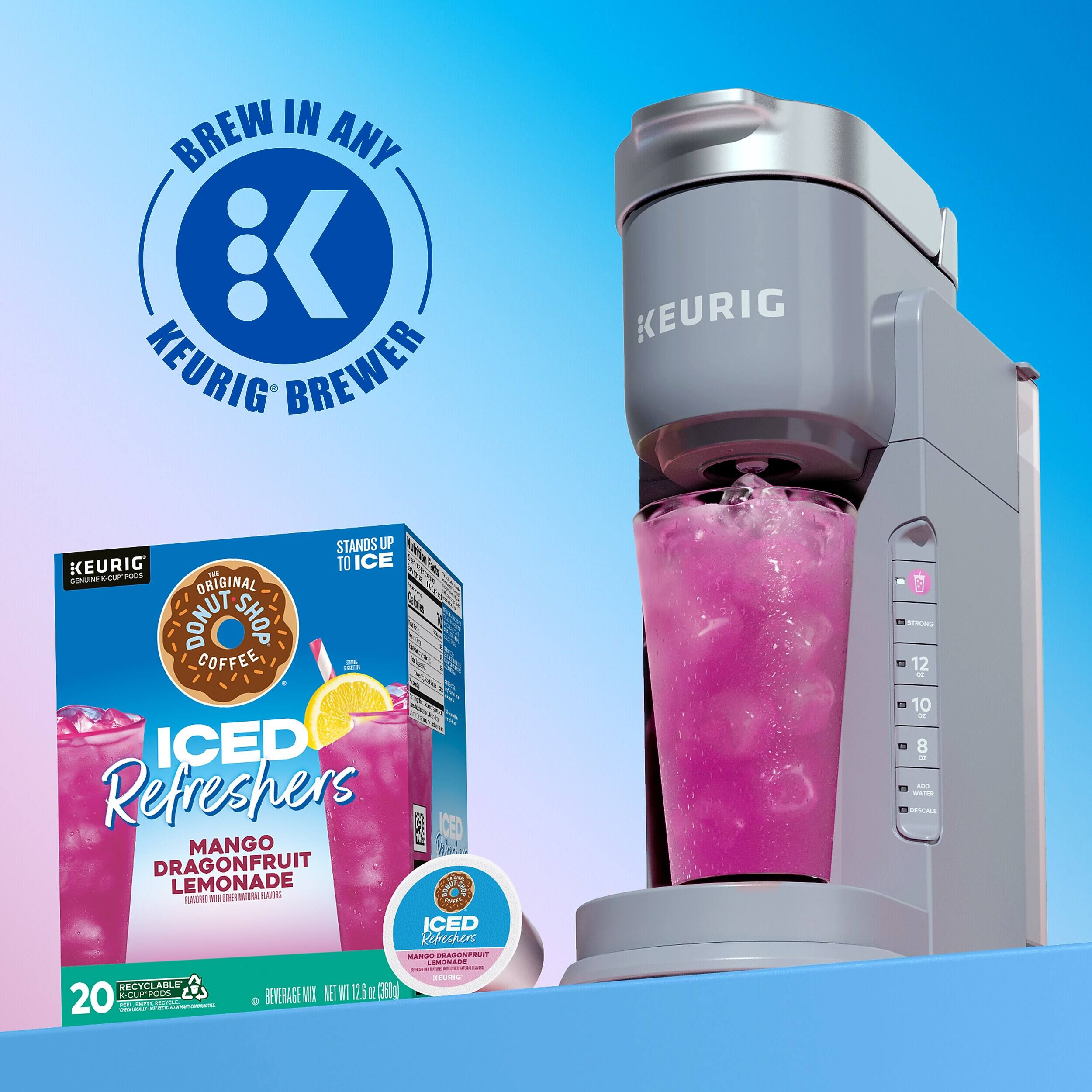 Brew in any Keurig brewer.  
Keurig stands up to ice.  
The Original Donut Shop Coffee - Iced Refreshers  
Mango Dragonfruit Lemonade  
Flavored with Juice & Natural Flavors  
20 Recyclable K-Cup Pods  
Net 12.6 oz (350g)