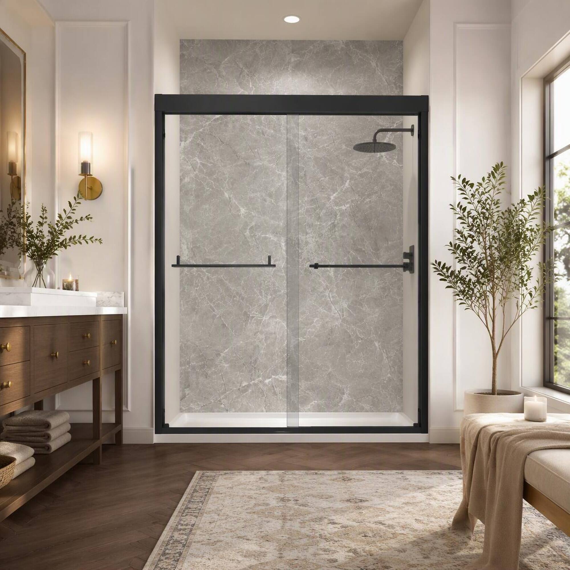 Back. RYHNUYNE - 44-48" X 72" Aluminum Frame Double Sliding Shower Door With 5/16" Clear Tempered Glass, Matte Black Hardware - Matt Black.