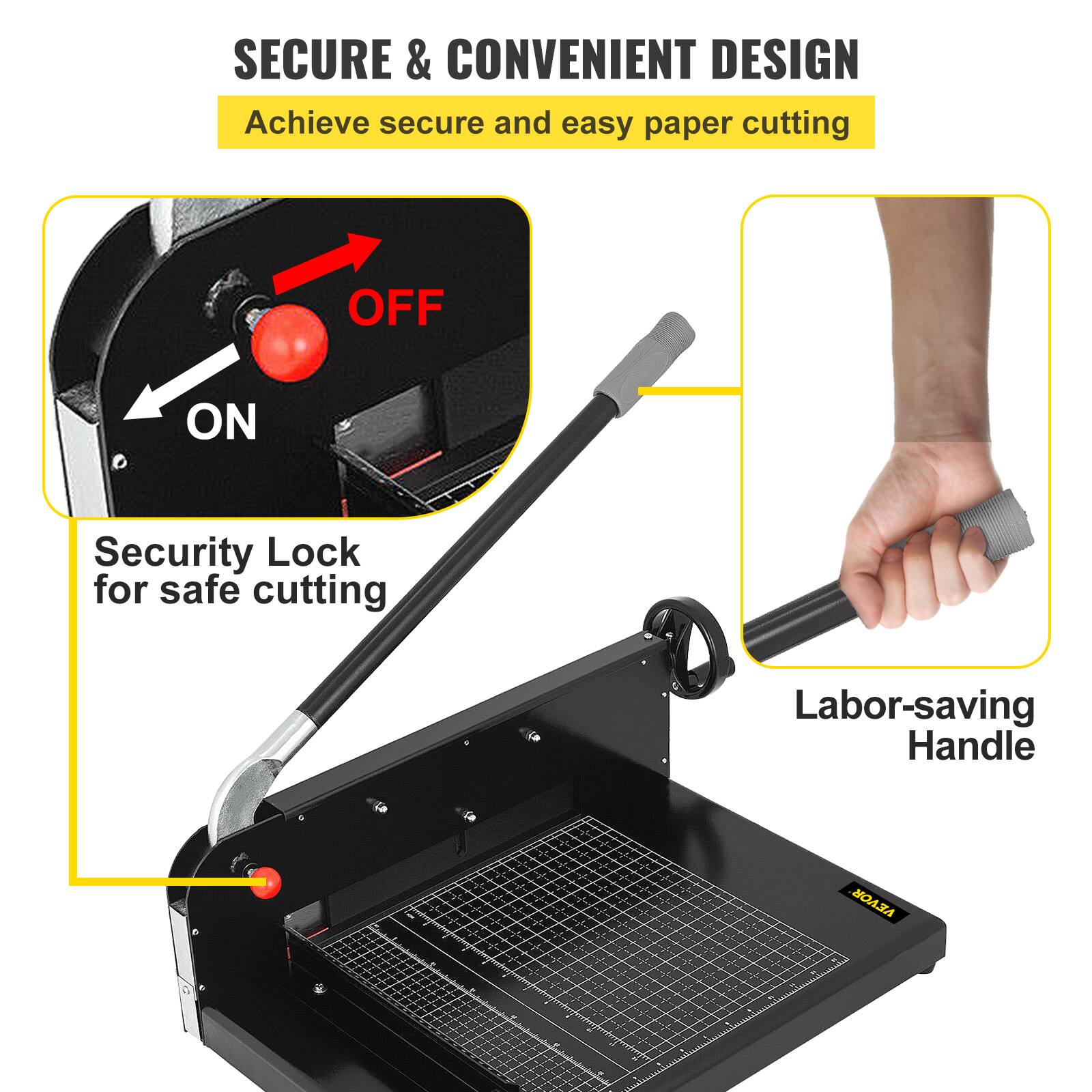 SECURE & CONVENIENT DESIGN  
Achieve secure and easy paper cutting

- Security Lock for safe cutting
- Labor-saving Handle