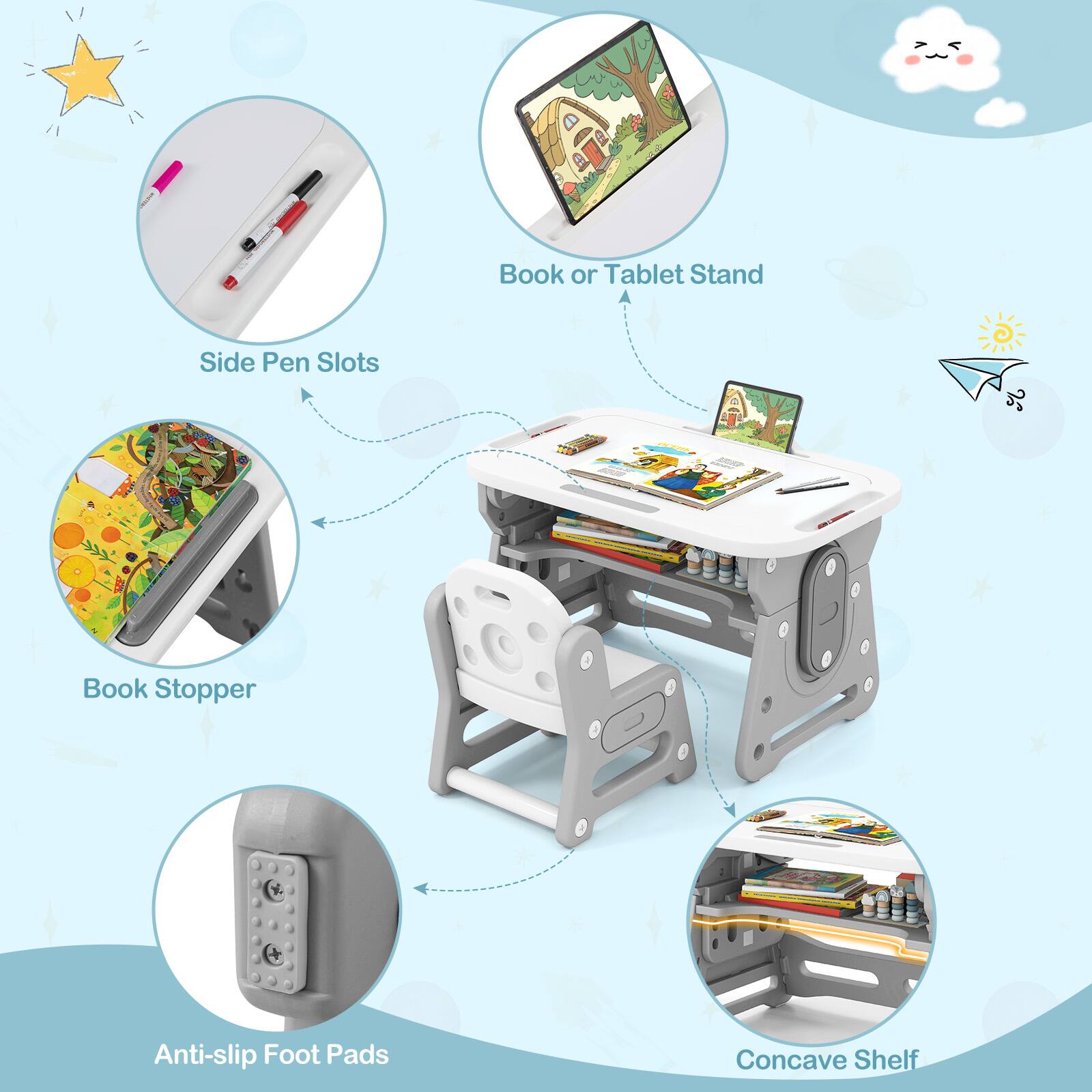 - Book or Tablet Stand
- Side Pen Slots
- Book Stopper
- Anti-slip Foot Pads
- Concave Shelf