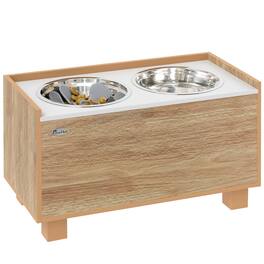 Pawhut - 14" H Elevated Bowls, Raised Bowl Stand Feeding Station with Feeder Bowl, 2 Food Bowls, Storage - Oak