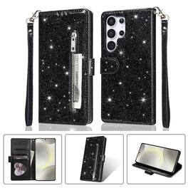 Dteck - Glitter Zipper Wallet Case for Samsung Galaxy S25 Ultra with Card Holder & Wrist Strap,Shockproof Protective Phone Cover - Black