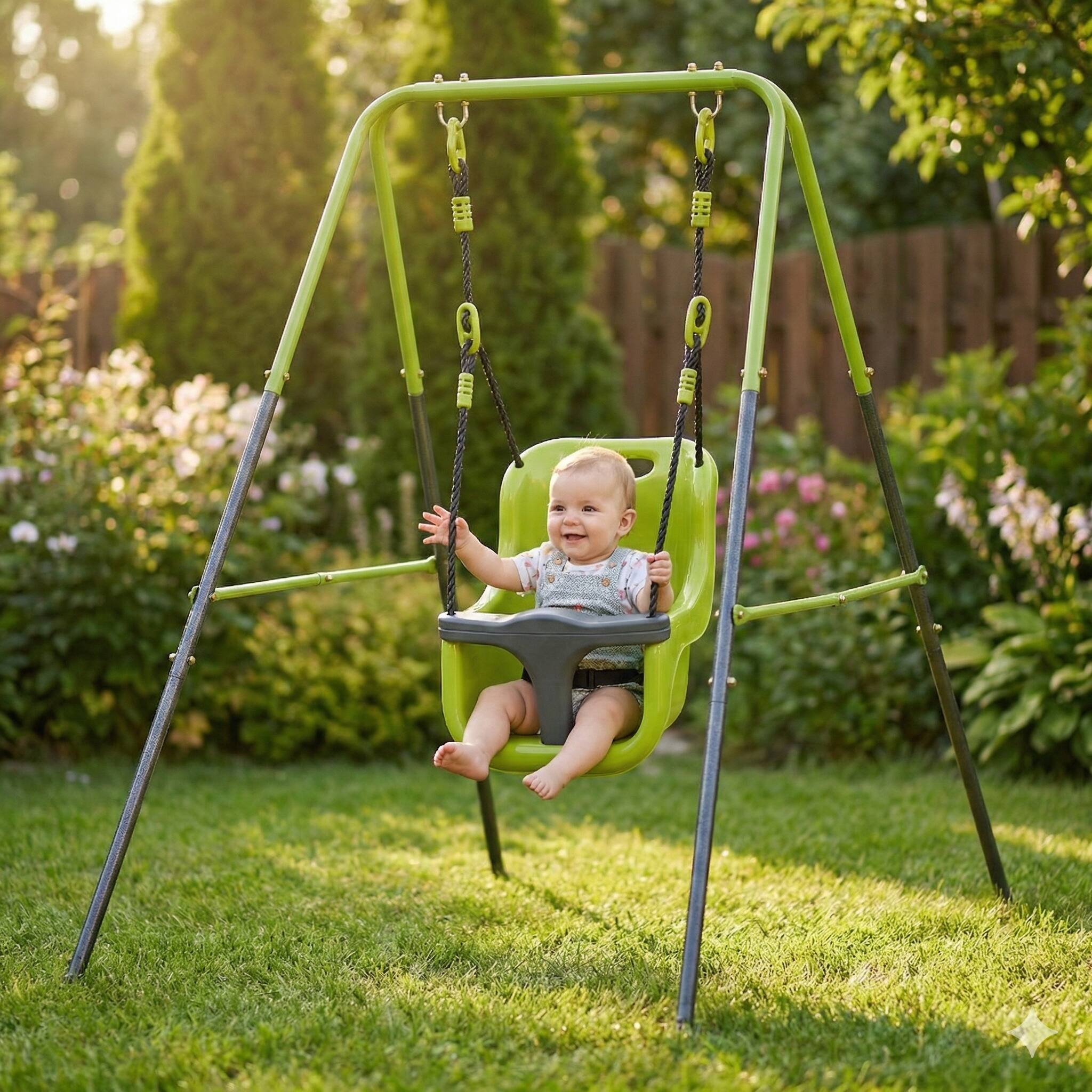 Angle. Loheer - 4.8 ft Indoor Outdoor Baby Swing with Safety Seat and Stable Metal Frame - Black+Green.
