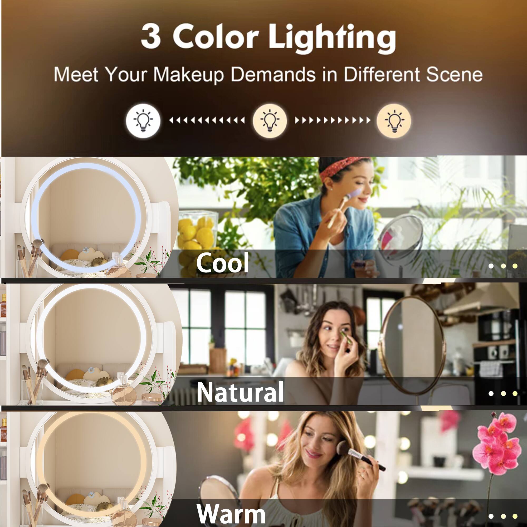 3 Color Lighting: Meet Your Makeup Demands in Different Scenes - Cool, Natural, Warm.