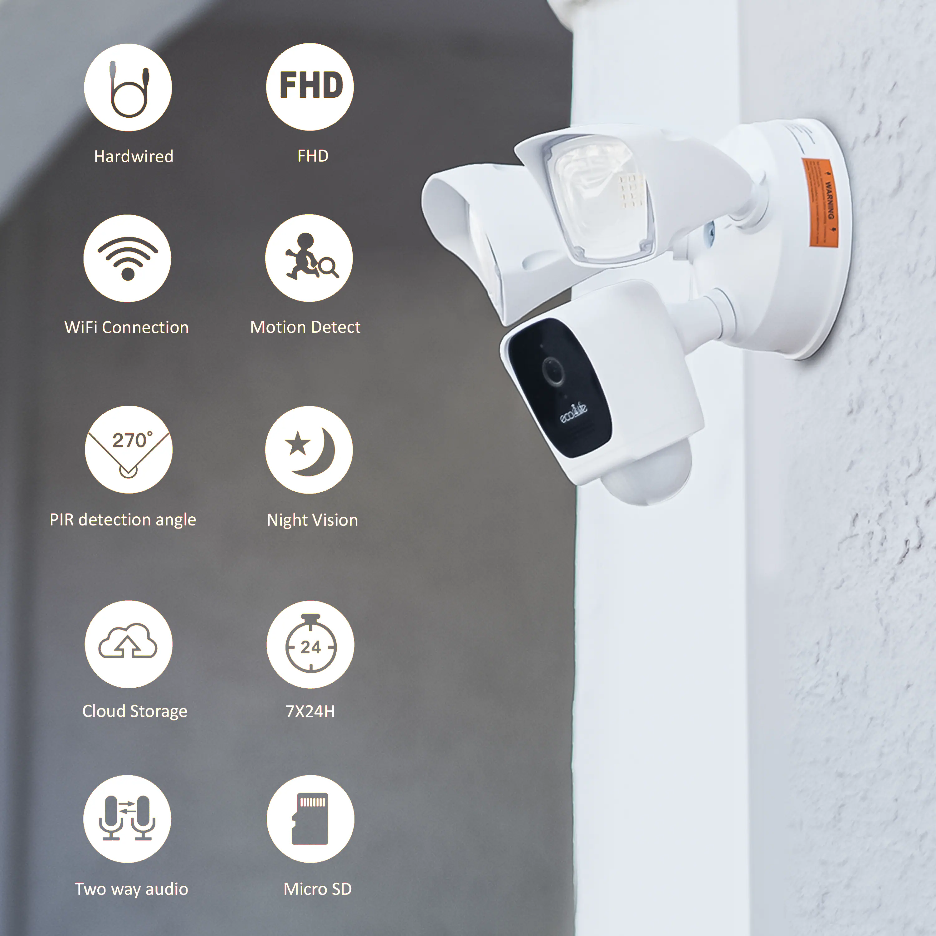 - Hardwired
- FHD
- WiFi Connection
- Motion Detect
- PIR detection angle
- Night Vision
- Cloud Storage
- 7X24H
- Two way audio
- Micro SD