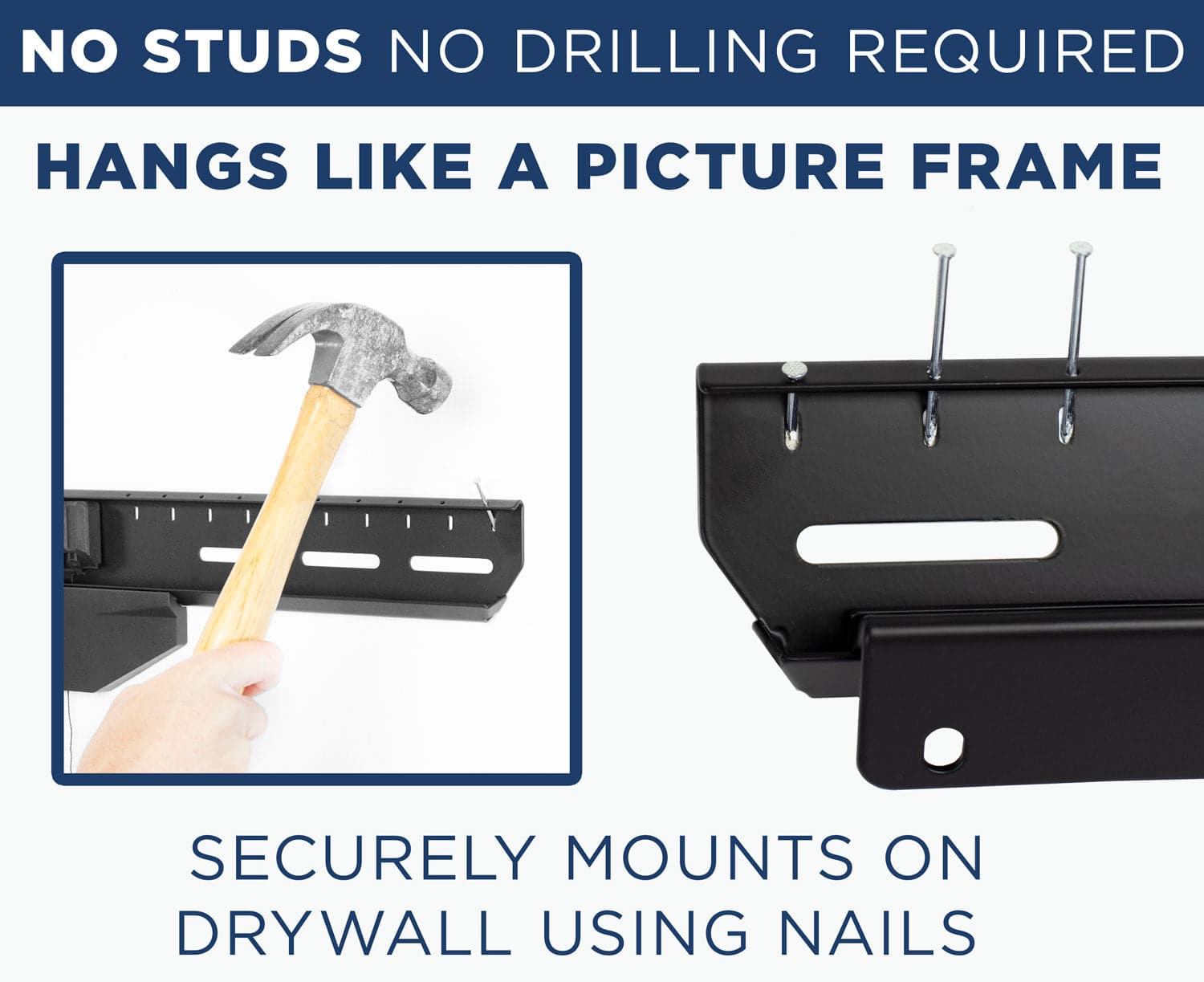 NO STUDS NO DRILLING REQUIRED

HANGS LIKE A PICTURE FRAME

SECURELY MOUNTS ON DRYWALL USING NAILS