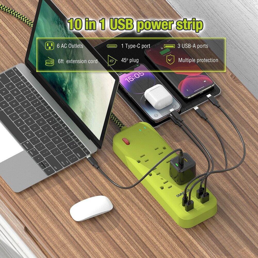 10 in 1 USB power strip  
6 AC Outlets  
1 Type-C port  
3 USB-A ports  
6ft extension cord  
Multiple protection