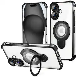 Entronix - Magnetic Case for iPhone 17 - Clear Back with Luxury Glossy Finish and Gripstand - Black