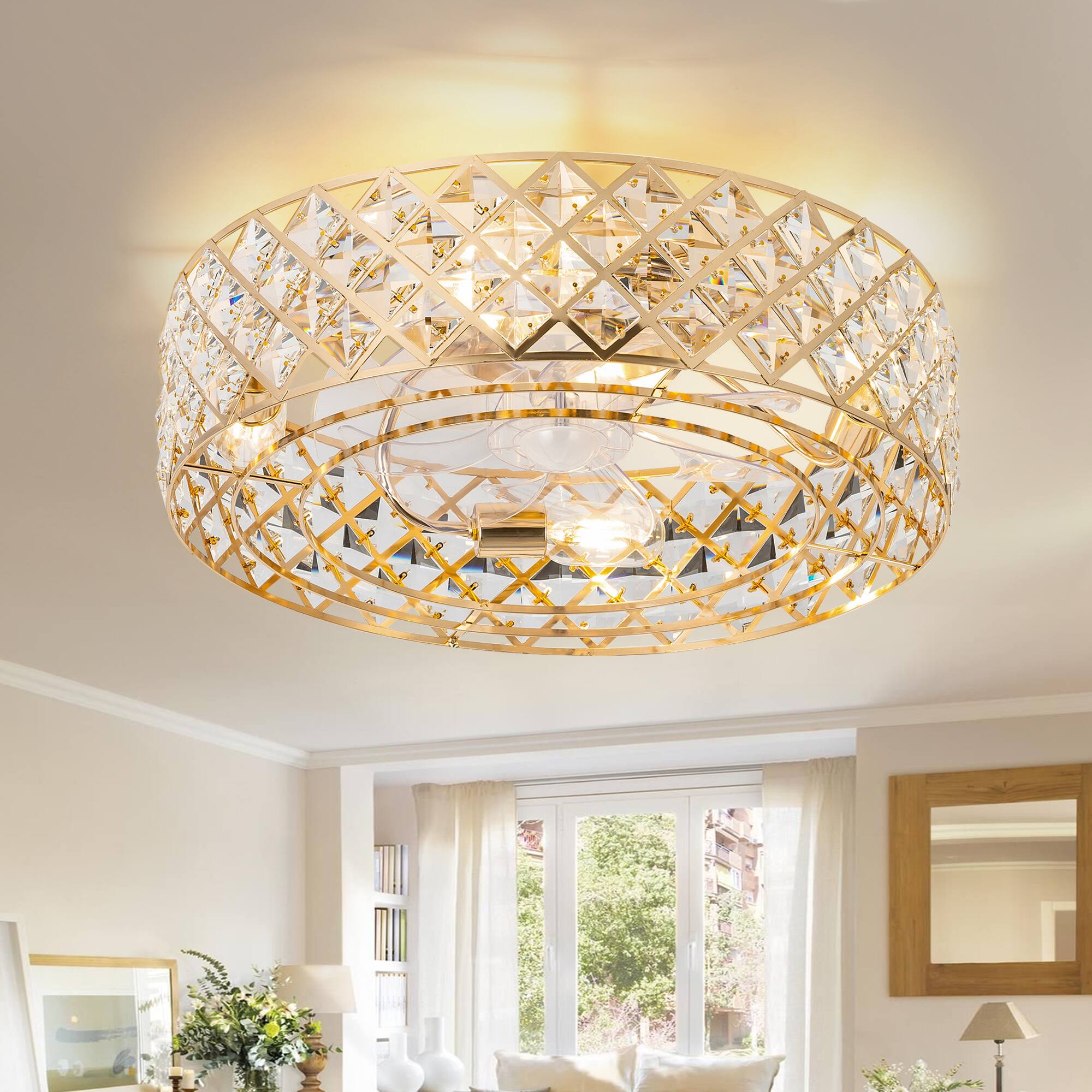 Left. Breezary - 19-Inch Ceiling Fan with Crystal Cage Shade, 7 Transparent ABS Blades, DC Motor, 6-Speed Remote Control, Timer, E26 Base - Gold.