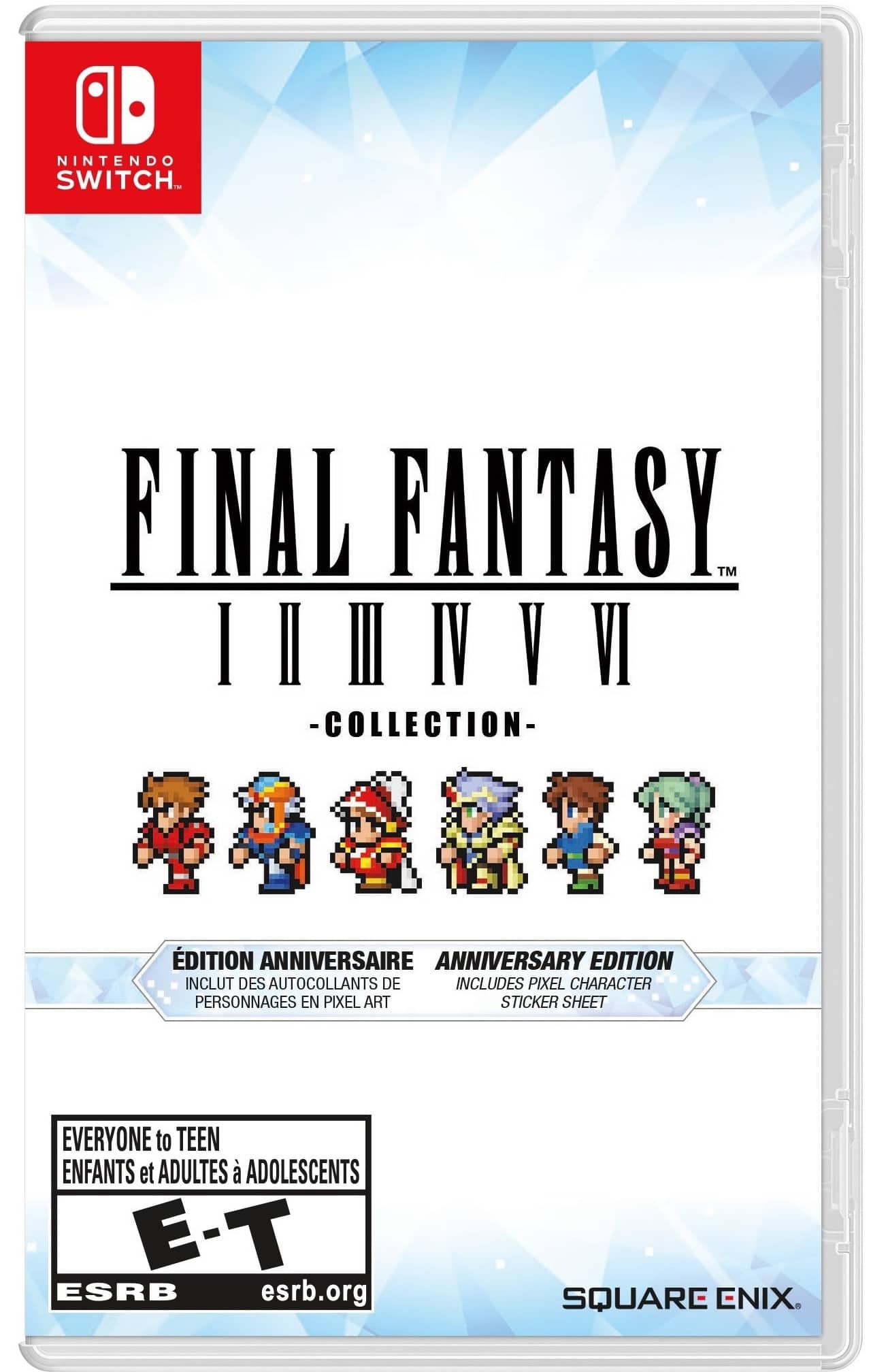 Nintendo Switch. Final Fantasy TM I-IV - Collection - Anniversary Edition. Includes Pixel Character Personages in Pixel Art Sticker Sheet. Everyone to Teen Enfants et Adultes. ESRB E-T esrb.org. Square Enix.