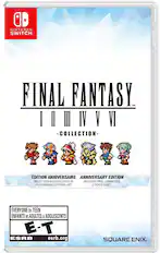 Nintendo Switch. Final Fantasy TM I-IV - Collection - Anniversary Edition. Includes Pixel Character Personages in Pixel Art Sticker Sheet. Everyone to Teen Enfants et Adultes. ESRB E-T esrb.org. Square Enix.