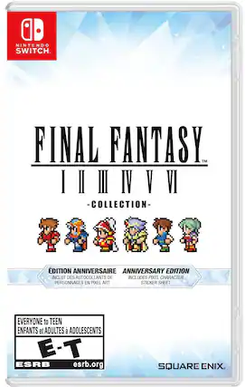 Nintendo Switch. Final Fantasy TM I-IV - Collection - Anniversary Edition. Includes Pixel Character Personages in Pixel Art Sticker Sheet. Everyone to Teen Enfants et Adultes. ESRB E-T esrb.org. Square Enix. - T (Teen 13+),E (Everyone)