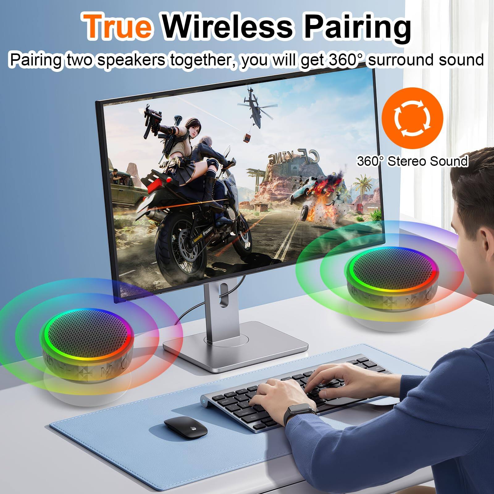 True Wireless Pairing  
Pairing two speakers together, you will get 360° surround sound  

360° Stereo Sound