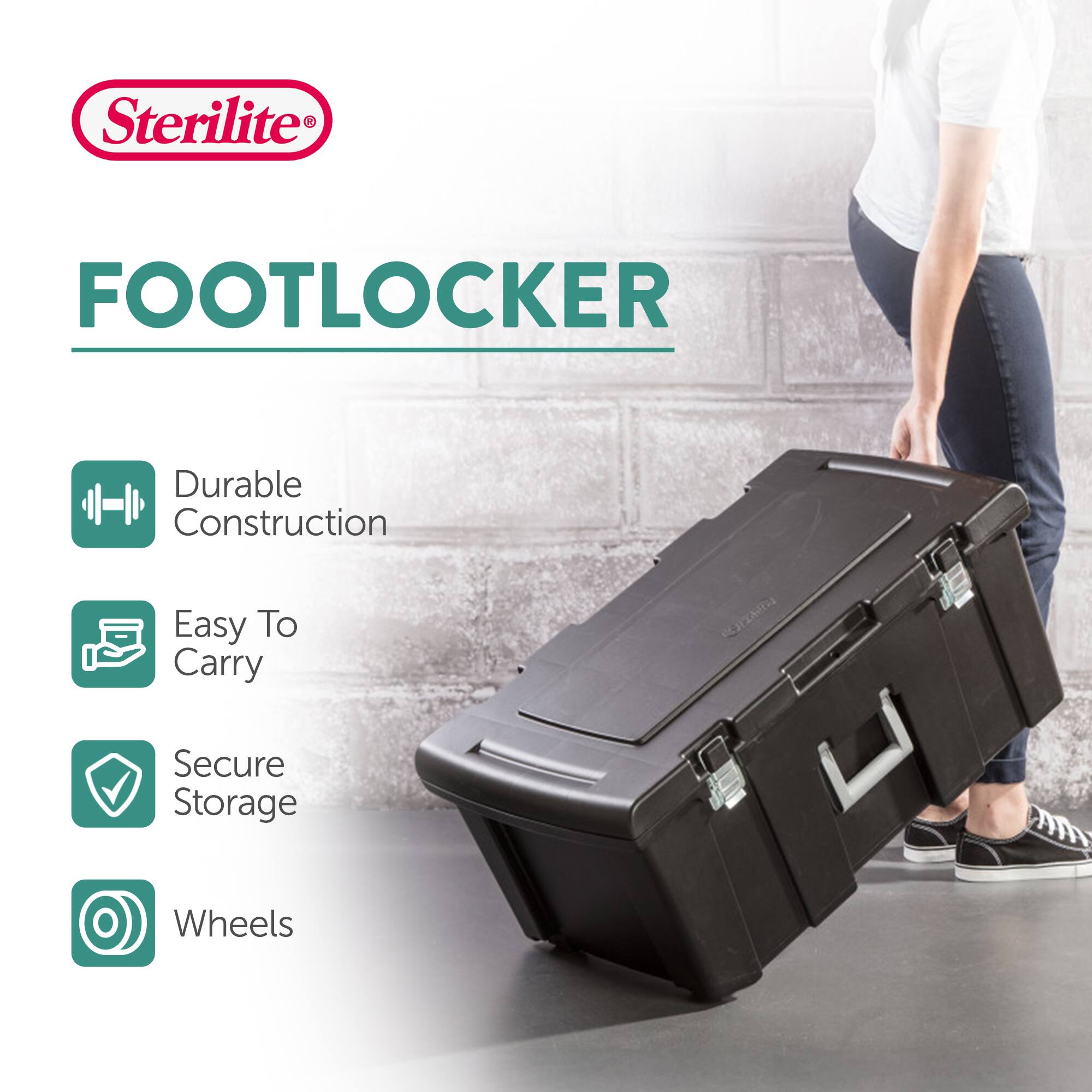 Sterilite FOOTLOCKER

- Durable Construction
- Easy To Carry
- Secure Storage
- Wheels