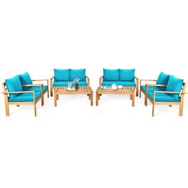 Gymax - 8PCS Patio Acacia Wood Conversation Furniture Set w/ Cushions - Turquoise