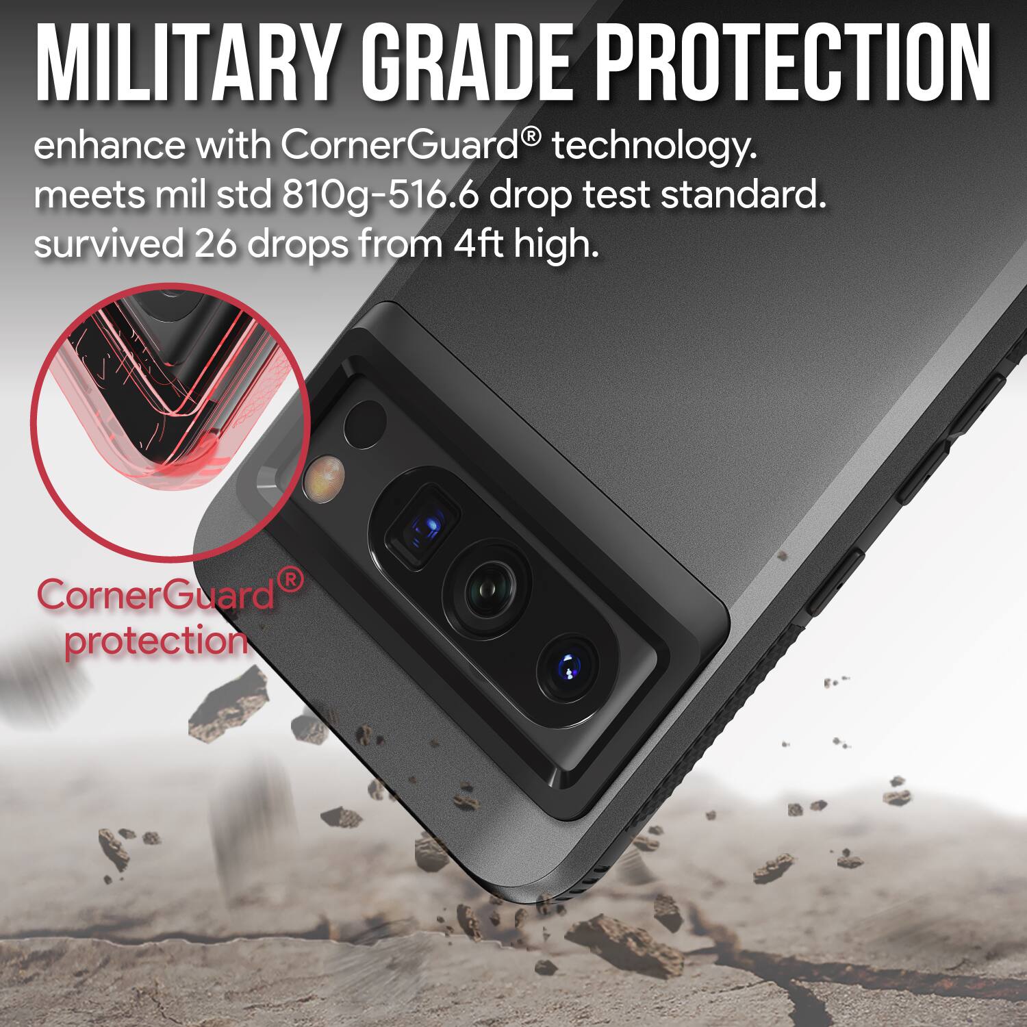 MILITARY GRADE PROTECTION enhance with CornerGuard® technology. meets mil std 810g-516.6 drop test standard. survived 26 drops from 4ft high. CornerGuard® protection