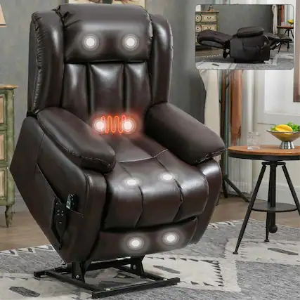 Front. Kadyn - Dual Motor Power Lift Recliner, 180° Recline, Massage & Heat, 350lb Capacity, Antique brown - Brown.