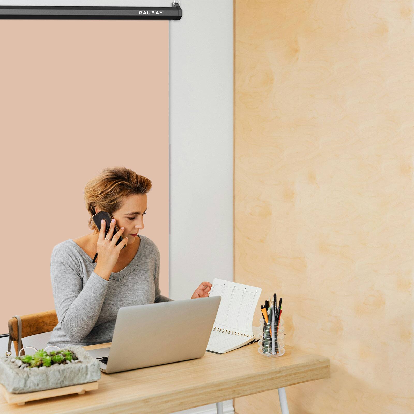 Alt View 2. RAUBAY - 5′ x 7.2′ Pull Down Beige Screen Backdrop Retractable Collapsible Wall-Mount Background.