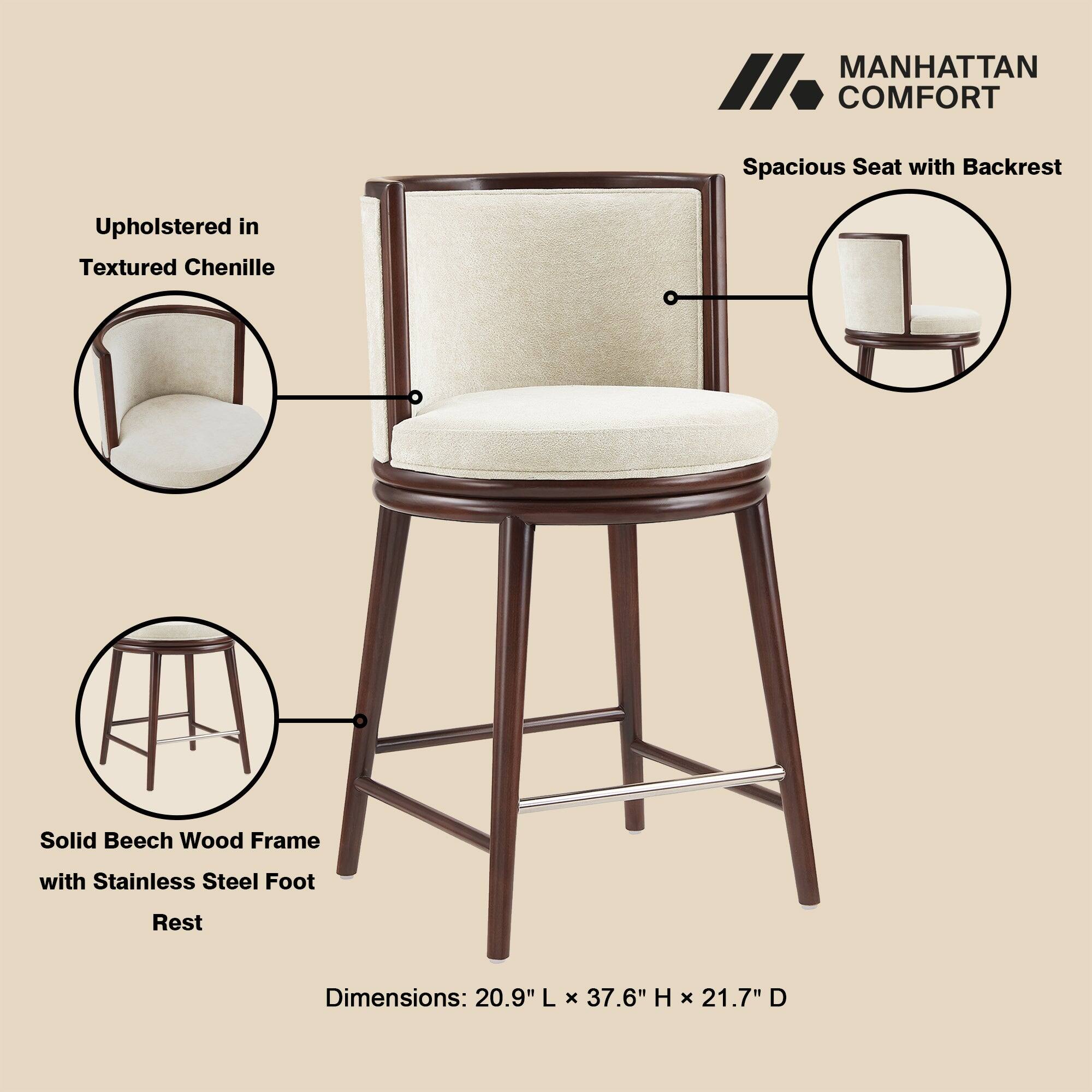MANHATTAN COMFORT

Spacious Seat with Backrest

Upholstered in Textured Chenille

Solid Beech Wood Frame with Stainless Steel Foot Rest

Dimensions: 20.9" L x 37.6" H x 21.7" D