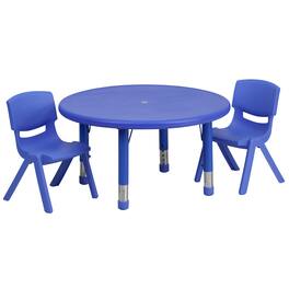 Emma + Oliver - 33" Round Plastic Height Adjustable Activity Table Set with 2 Chairs - Blue