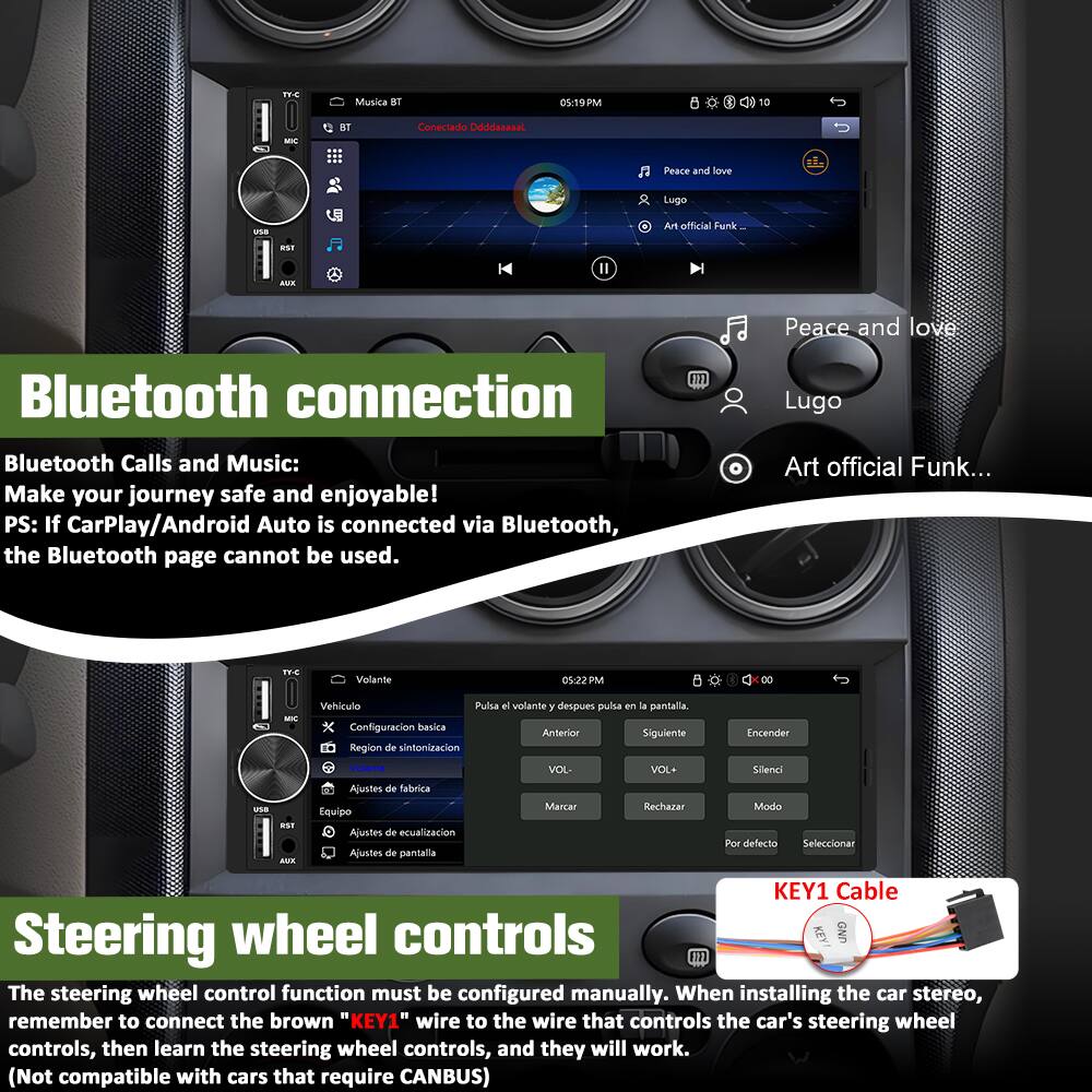 **Bluetooth Connection**

- FTE Musica 81 05.19PM CI 10 - ST Conectado Odddasssal
- Peace and love Lugo - Art official Funk RST AMA
- Bluetooth connection 112
- Lugo Bluetooth Calls and Music: Make your journey safe and enjoyable!
- PS: If CarPlay/Android Auto is connected via Bluetooth, the Bluetooth page cannot be used.

**Steering Wheel Controls**

- Vehiculo
- Configuración básica
- Region de sintonización
- Ajustes de fabrica
- Equipo
- Ajustes de ecualización
- Ajustes de pantalla
- Marcar
- Rechazar
- Modo
- Por defecto
- Seleccionar

- The steering wheel control function must be configured manually. When installing the car stereo, remember to connect the brown "KEY1" wire to the wire that controls the car's steering wheel controls, then learn the steering wheel controls, and they will work.
- (Not compatible with cars that require CANBUS)

**KEY1 Cable**