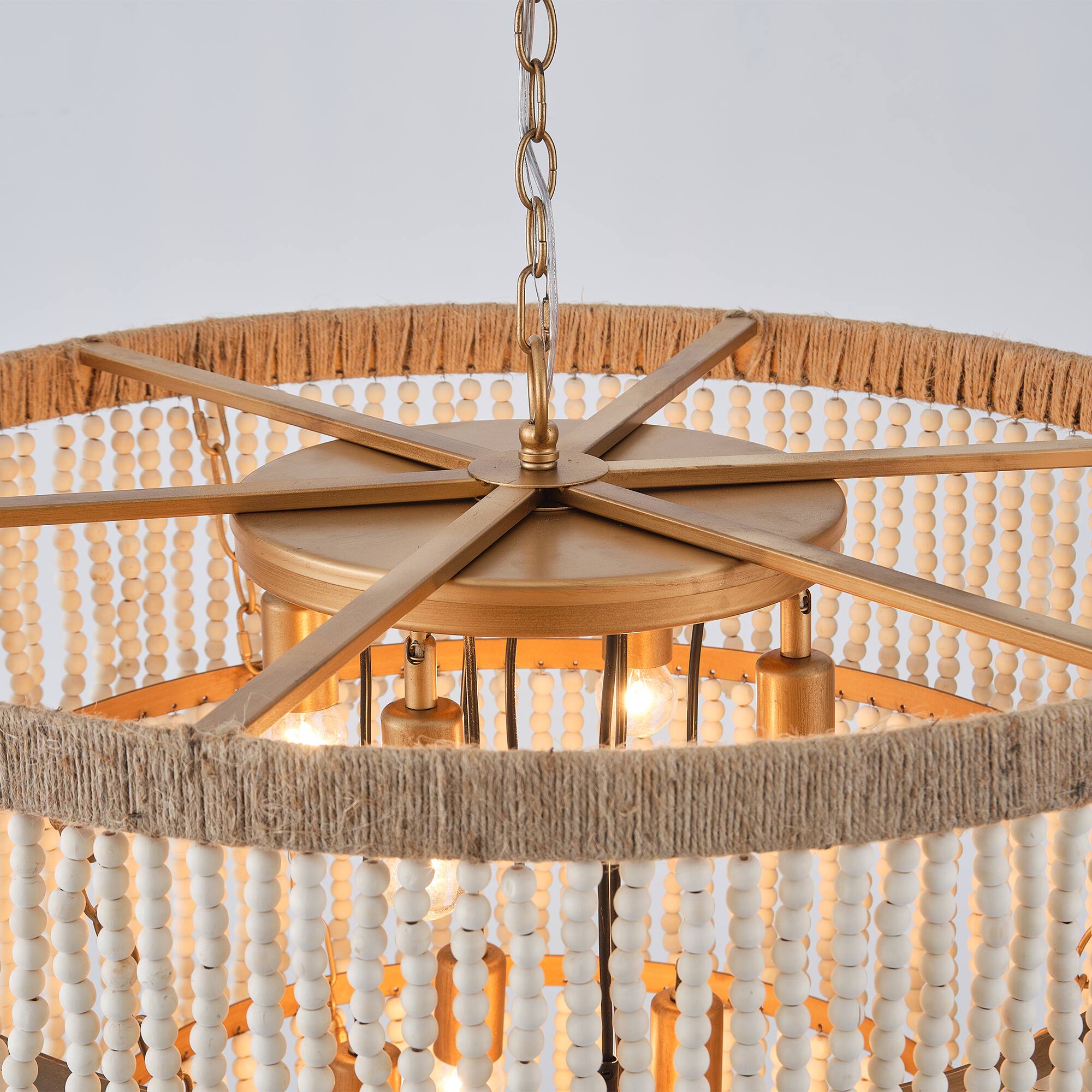 Alt View 10. Parrot Uncle - 31.5" 9-Light Bohemian Off-White 5-Tier Wooden Beads Chandelier - Off-White.