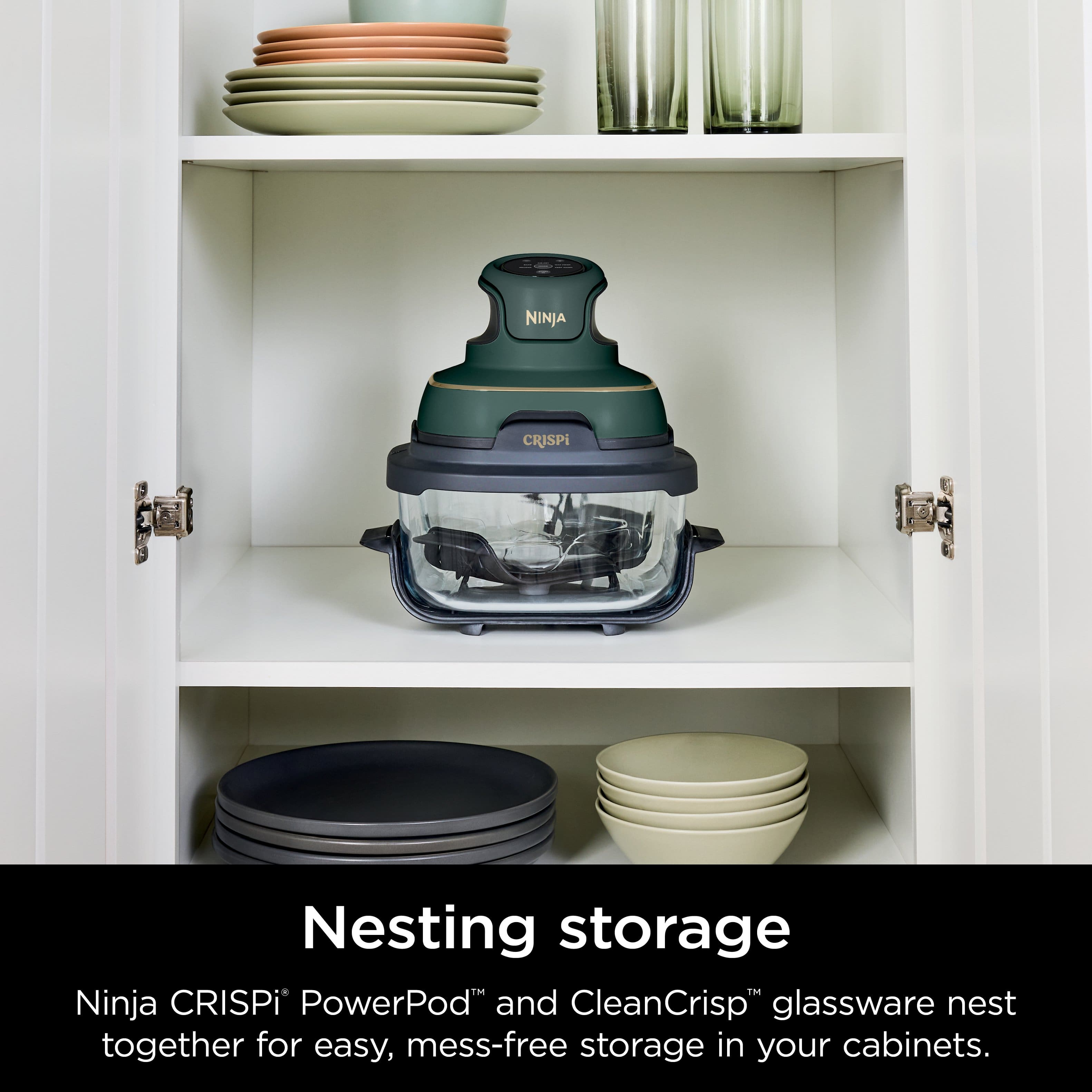 Ninja CRISPi PowerPod™ and CleanCrisp™ glassware nest together for easy, mess-free storage in your cabinets.
