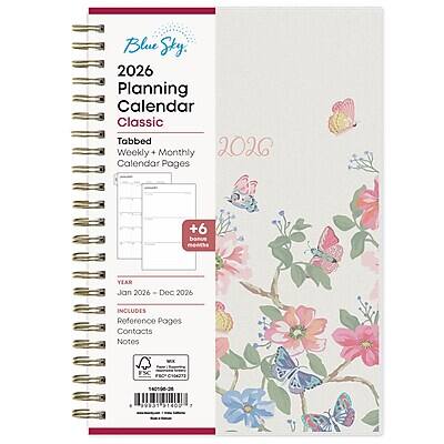 Blue Sky  
2026 Planning Calendar Classic  
Tabbed Weekly + Monthly Calendar Pages  
+6 Reference Pages  
Year Jan 2026 - Dec 2026  
Includes Reference Pages, Contacts, Notes  
CHle273