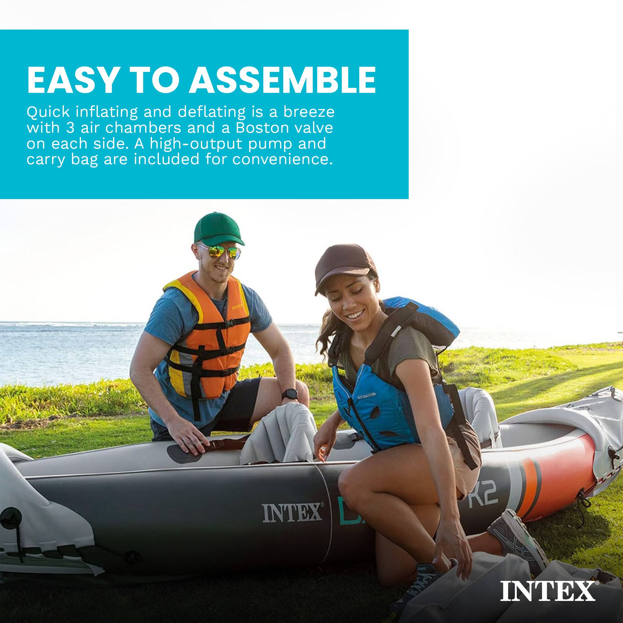 EASY TO ASSEMBLE

Quick inflating and deflating is a breeze with 3 air chambers and a Boston valve on each side. A high-output pump and carry bag are included for convenience.

INTEX L K2
