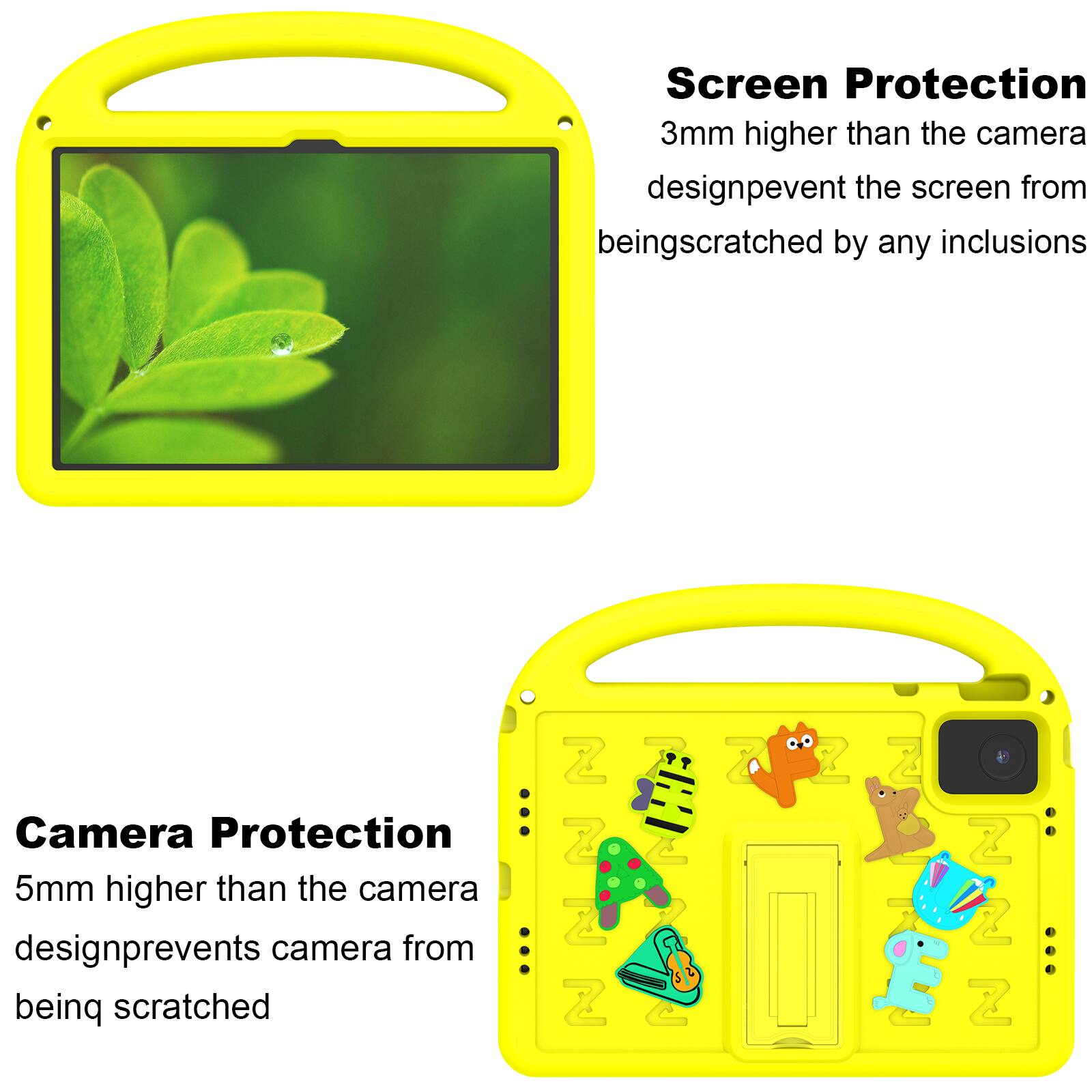 Screen Protection  
3mm higher than the camera design prevents the screen from being scratched by any inclusions

Camera Protection  
5mm higher than the camera design prevents the camera from being scratched