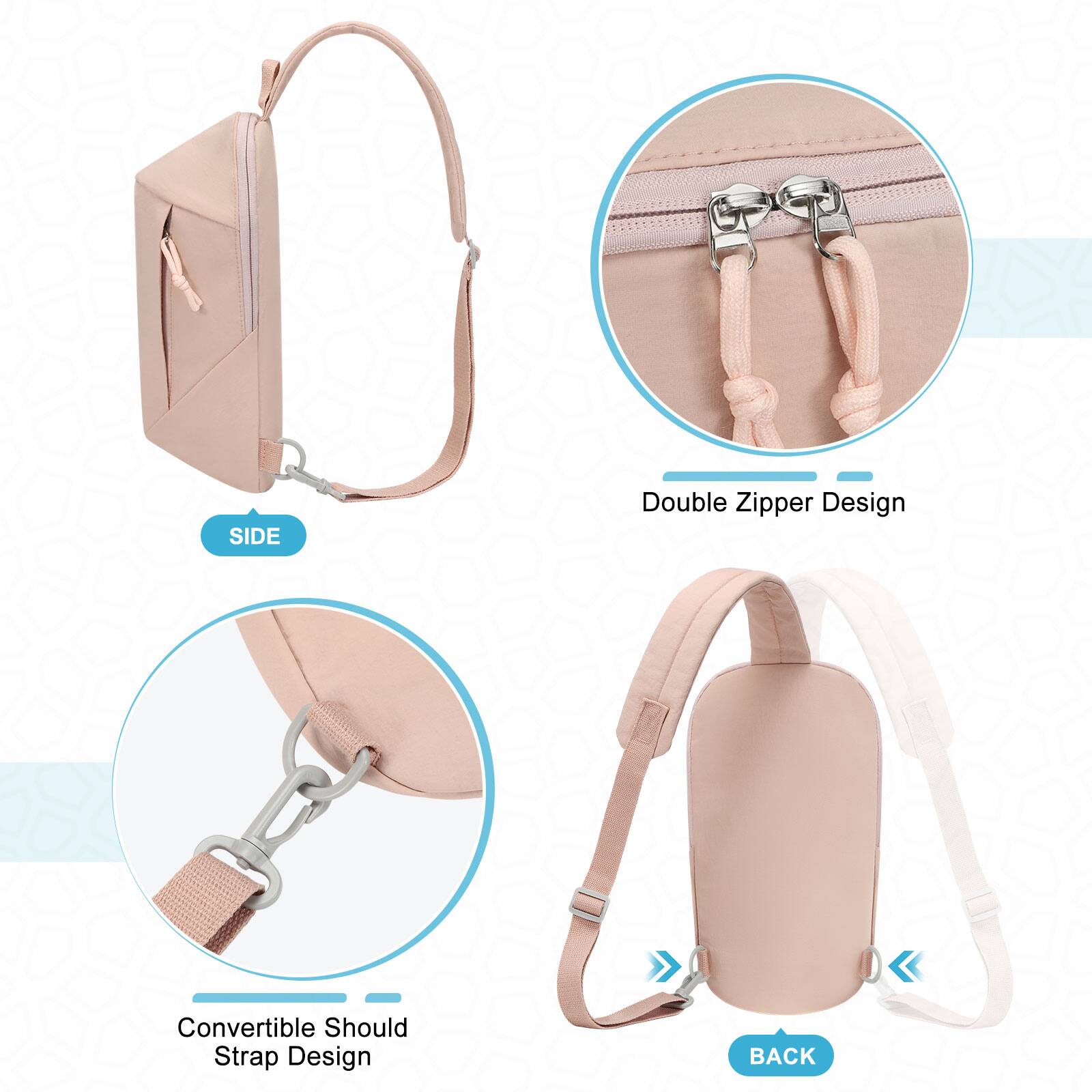 SIDE  
Double Zipper Design  
Convertible Shoulder Strap Design  

BACK