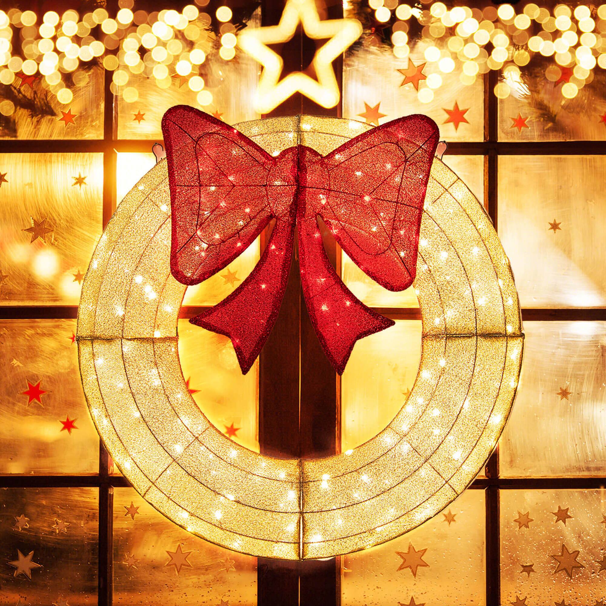 Alt View 1. Costway - Costway 48 Inch Pre-Lit Christmas Wreath with 200 LED Lights Red Bow Hanging Hooks - White.